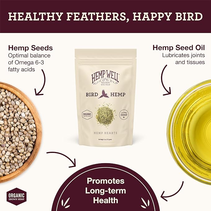 Hemp Well Organic Hemp Hearts for Birds - Reduces Feather Plucking, Promotes Relaxation, Immune Support, Organic, USA Grown, GMO Free – 8 Ounces