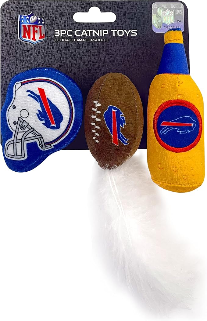 BEST PLUSH CAT TOY - NFL BUFFALO BILLS Complete Set of 3 piece Cat Toys filled with Fresh Catnip. Includes: 1 Helmet Cat Toy, 1 Football Cat Toy with Feathers & 1 Beer Bottle. Beautiful Team LOGOS