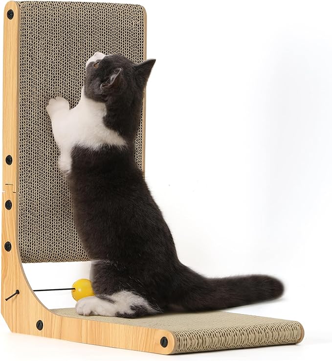 FUKUMARU Cat Scratcher, 18.9 Inch L Shape Cat Scratch Pad, Vertical Cat Scratcher Wall Mounted, Cat Scratching Cardboard with Ball Toy for Indoor Cats