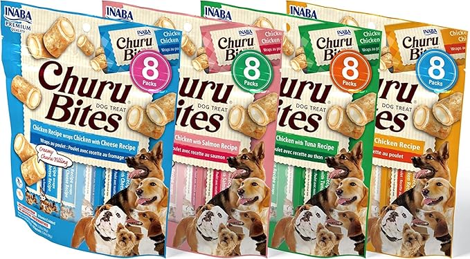 INABA Churu Bites for Dogs, Grain-Free, Soft/Chewy Baked Chicken Wrapped Churu Filled Dog Treats, 0.42 Ounces Each Tube | 32 Tubes Total (8 Tubes per Pack), 4 Flavor Variety Pack