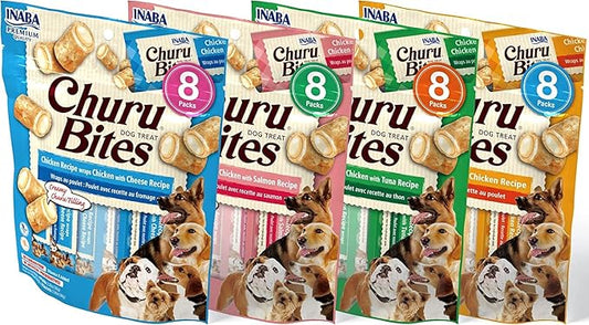 INABA Churu Bites for Dogs, Grain-Free, Soft/Chewy Baked Chicken Wrapped Churu Filled Dog Treats, 0.42 Ounces Each Tube | 32 Tubes Total (8 Tubes per Pack), 4 Flavor Variety Pack