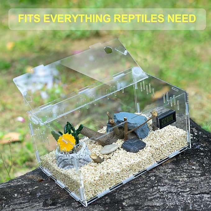 BETAZOOER Reptile Terrarium Breeding Tank Acrylic Reptile Feeding Box with Temperature Hygrometer (15.3"x9.7"x7.6")