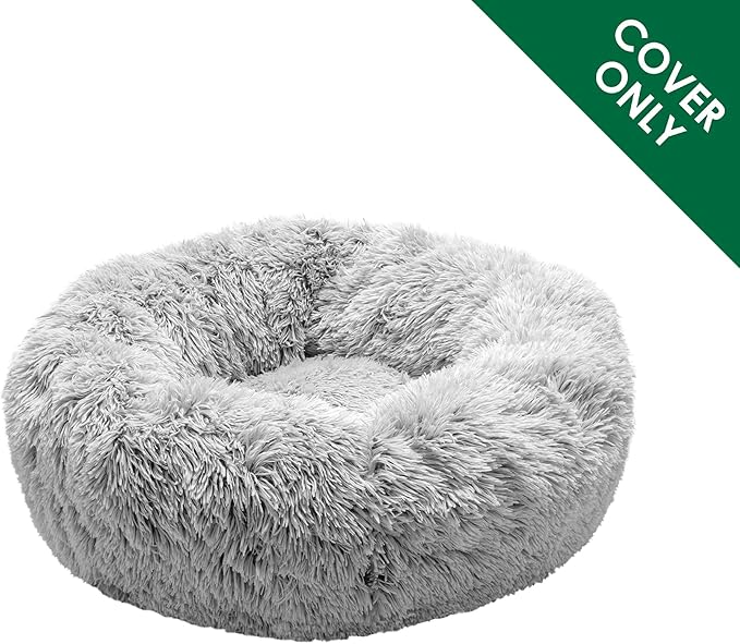 Furhaven Replacement Donut Dog Bed Cover Plush Long Faux Fur Calming Cuddler, Machine Washable - Misty Gray, Medium