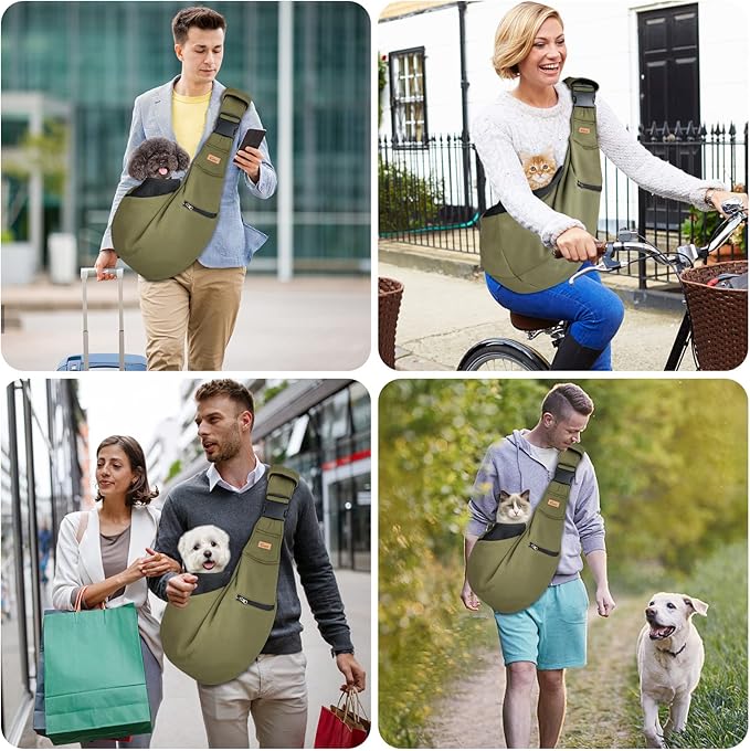 CUBY Dog and Cat Sling Carrier - Hands Free Reversible Pet Papoose Bag - Soft Pouch and Tote Design - Suitable for Puppy, Small Dogs Cats Outdoor (Green, Adjust strap 2.0)