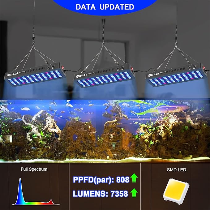 WILLS Aquarium Light, Dimmable Full Spectrum Fish Tank Light with 3 Dimming Modes & 55 Premium SMD Chips, 165W LED Aquarium Plant Light for Saltwater Freshwater Coral Reef (21.3"x6.7"x2.4")