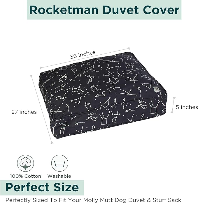 Molly Mutt Medium to Large Dog Bed Cover - Rocketman Print - Measures 27”x36”x5’’ - 100% Cotton - Durable - Breathable - Sustainable - Machine Washable Dog Bed Cover
