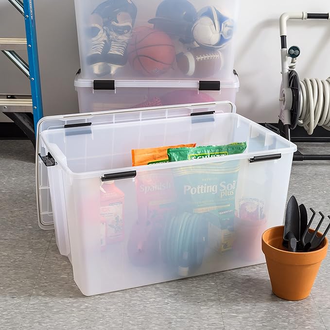 IRIS USA 156 Qt Storage Box with Gasket Seal Lid, BPA-Free, Made in USA - Heavy Duty Moving Containers with Tight Latch, Weather Proof Tote Bin, WEATHERPRO - Clear/Black