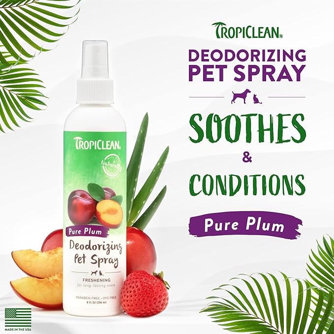 TropiClean Pure Plum Dog Perfume Spray Long Lasting | Naturally Derived Odor Removing Dog Deodorizing Spray | Cat Friendly | Made in USA | 8 oz.
