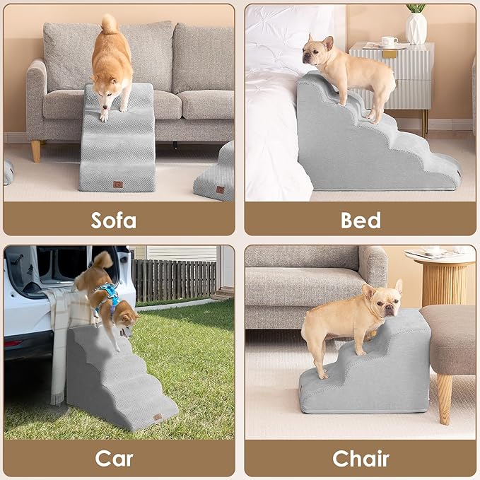 EHEYCIGA Curved Dog Stairs for Small Dogs 15.7" H, 3-Step Dog Steps for Couch Sofa and Chair, Pet Stairs for Cats, Non-Slip Balanced Pet Steps Indoor, Light Grey