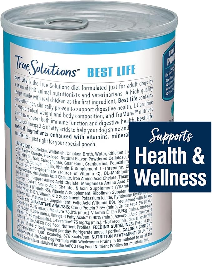 Blue Buffalo True Solutions Best Life Wet Dog Food for Medium-Size Adult Dogs, Supports Immune Function & Digestive Health, Made with Natural Ingredients, Chicken, 12.5-oz. Cans (12 Count)