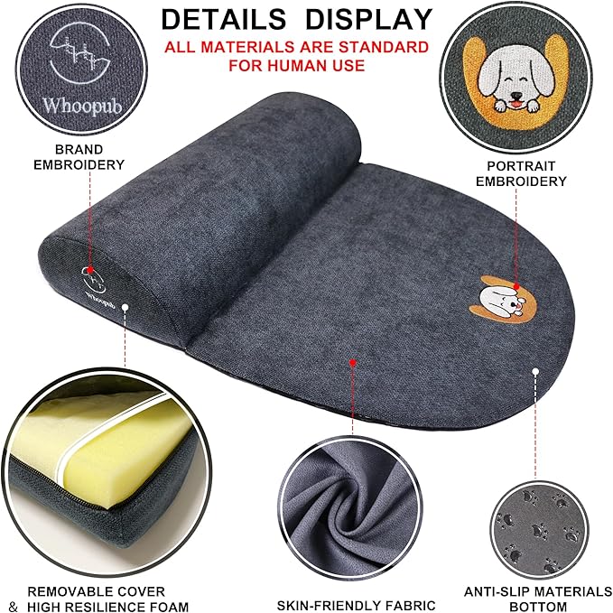 Dog＆Cat Bolster Pillow/Headrest for Small Dogs＆Cats, Benefit for Cervical Vertebra/Neck, Easy to Carry When Traveling, with High Resilience Foam, Machine Washable Cover (Dark Gray,Small)