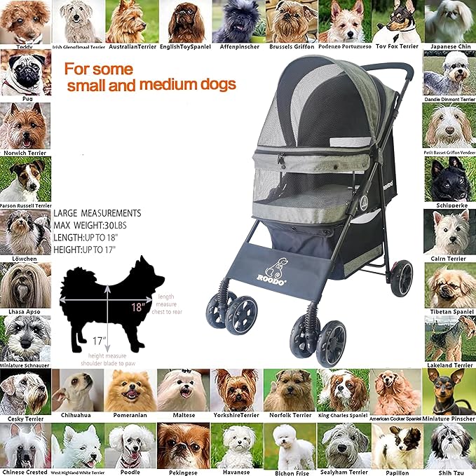 ROODO Dog Stroller 4 Wheel Pet Stroller Cat Stroller Lightweight Foldable Portable Compact Jogger Pet Gear Amazon Puppy Travel Pet Stroller Suitable for Cats and Dogs up to 30lbs(Cationic ash)