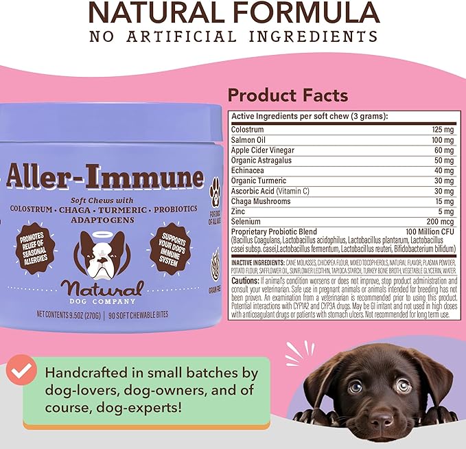 Natural Dog Company Aller-Immune Chews (90 Pieces), Turkey Flavor, with Canine-Specific Probiotics, Allergy Immune Supplement for Dogs of All Ages, Sizes & Breeds, Boosts Immune System, Antioxidant