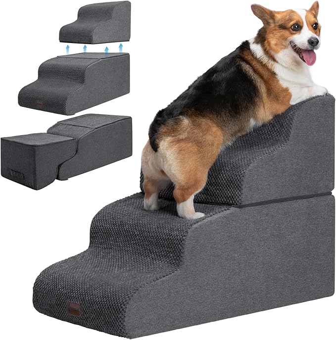 Dog Stairs for High Beds, 4-Step Dog Steps for Small Dogs and Cats, Foldable Pet Stairs for High Bed Climbing, Non-Slip Balanced Pet Step Indoor, Dark Grey