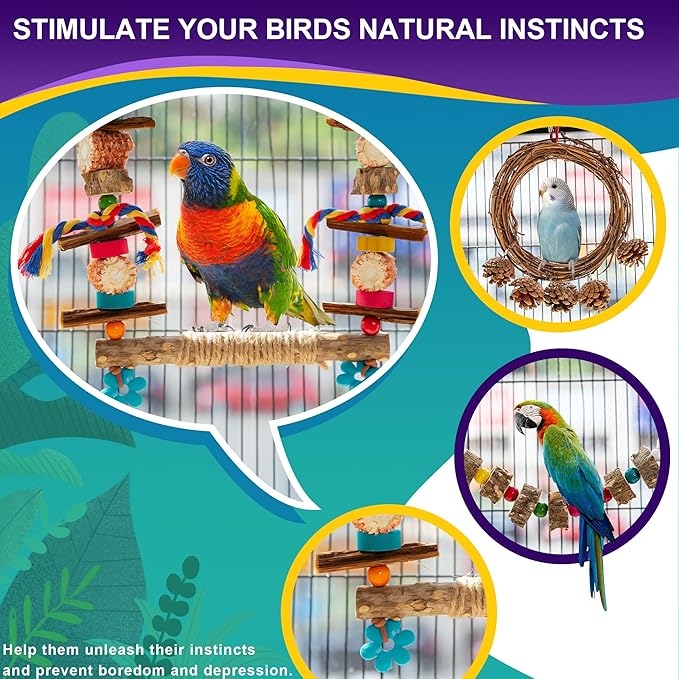 Bird Swing Parakeet Chewing Toys 6PCS - Parrot Cage Accessories Stuff, Natural Wooden Foraging Chew Toys for Budgerigars, Conure, Cockatiel, Finch, Lovebirds, Perches for Medium, Small Birds