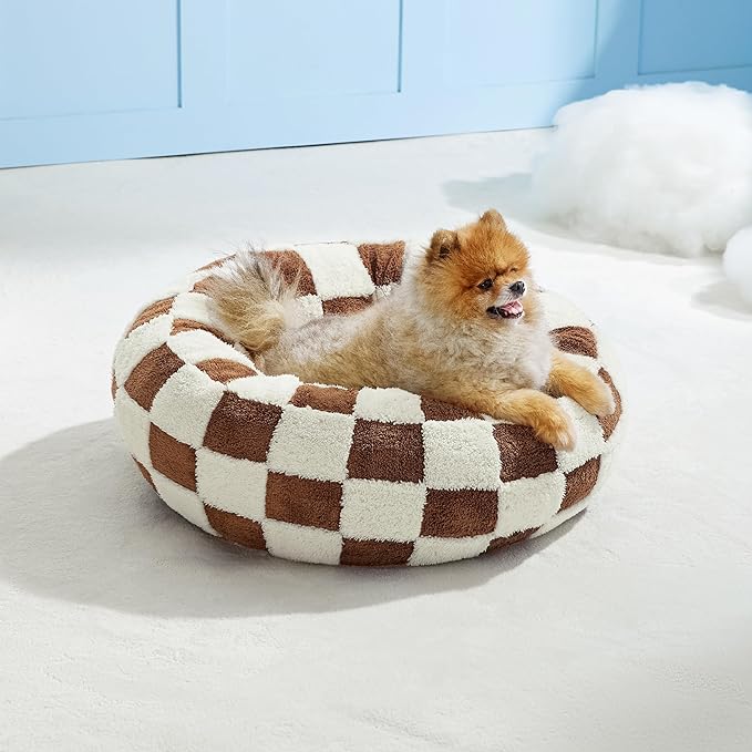 Lesure Donut Small Dog Bed - Round Cat Beds for Indoor Cats Anti-Anxiety Calming Pet Beds, Washable Cute Modern Beds with Teddy Sherpa Plush & Anti Slip Bottom Brwon