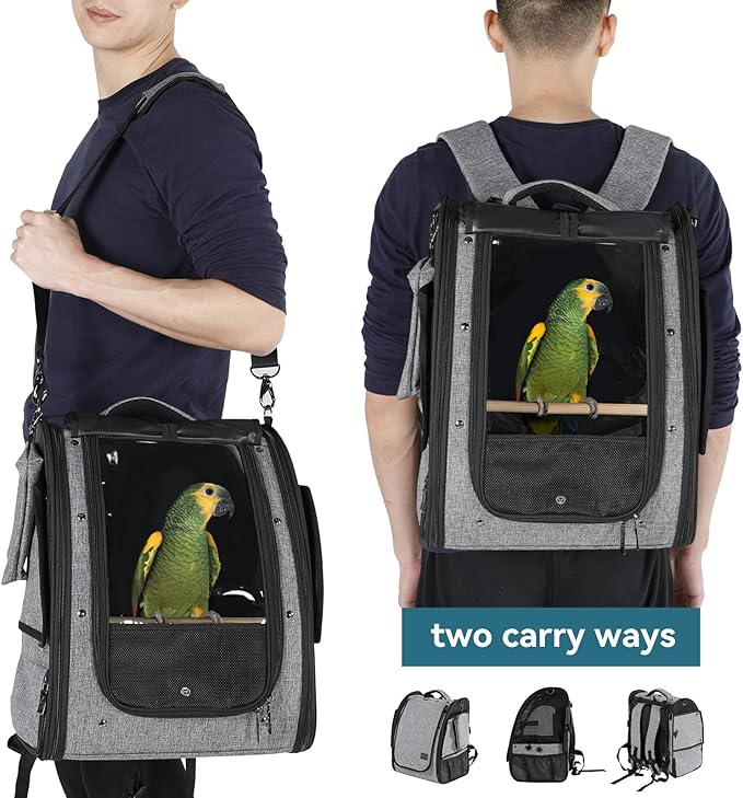 Petsfit Bird Carrier Medium Size with Stainless Steel Bowl, Parrot Backpack includes Slide Tray for Easy Cleaning, 13" x 10" x 16"