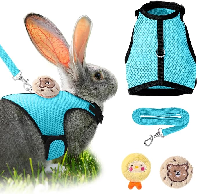 Rabbit Harness and Leash Set with 2 Cute Decorations Soft Adjustable Buckle Breathable Mesh Vest Harness for Rabbits Ferret Small Pig Puppy Walking Supplies (Light Blue,Lively Pattern)