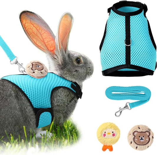 Rabbit Harness and Leash Set with 2 Cute Decorations Soft Adjustable Buckle Breathable Mesh Vest Harness for Rabbits Ferret Small Pig Puppy Walking Supplies (Light Blue,Lively Pattern)