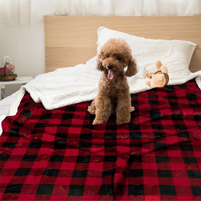 PetAmi Dog Blanket for Medium Large Dogs, Pet Bed Blanket Cat Puppy Kitten, Fleece Furniture Couch Cover Protector Sofa Car, Soft Sherpa Dog Throw Plush Reversible Washable, 40x60 Checker Red