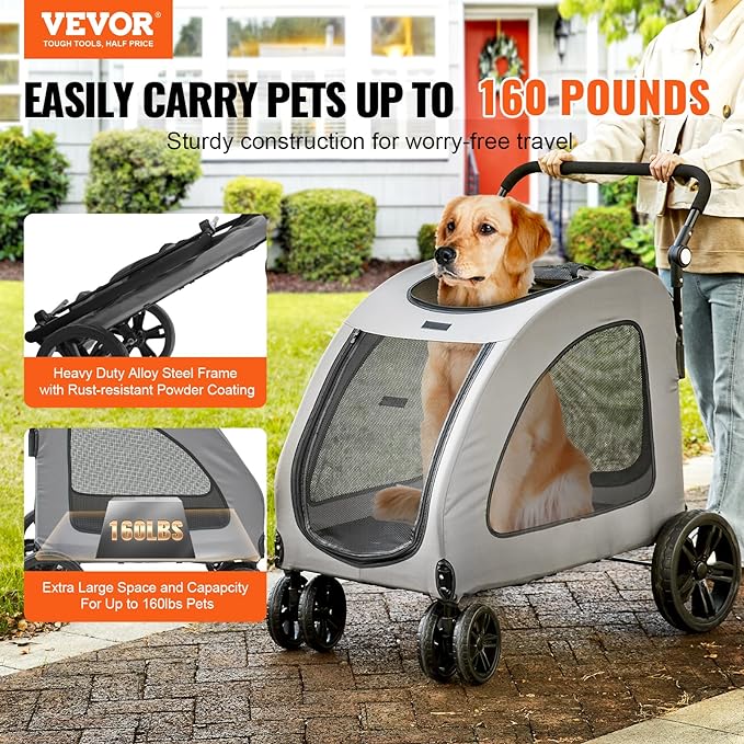 VEVOR Extra Large Dog Stroller for Dogs Up to 160lbs, 4 Wheel Handle-Adjustable Pet Stroller for Large Dogs, Dog Jogging Carriage Stroller for 2 Dogs