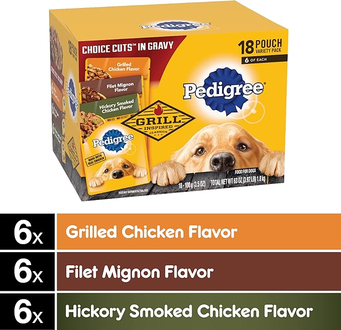 PEDIGREE CHOICE CUTS IN GRAVY Grill Inspired Classics Adult Soft Wet Dog Food 18-Count Variety Pack, 3.5 oz Pouches