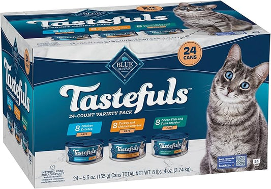 Blue Buffalo Tastefuls Wet Cat Food Paté Variety Pack, Made with Natural Ingredients | Chicken, Turkey & Chicken, Ocean Fish & Tuna Entrées, 5.5-oz. Cans (24 Count, 8 of Each)