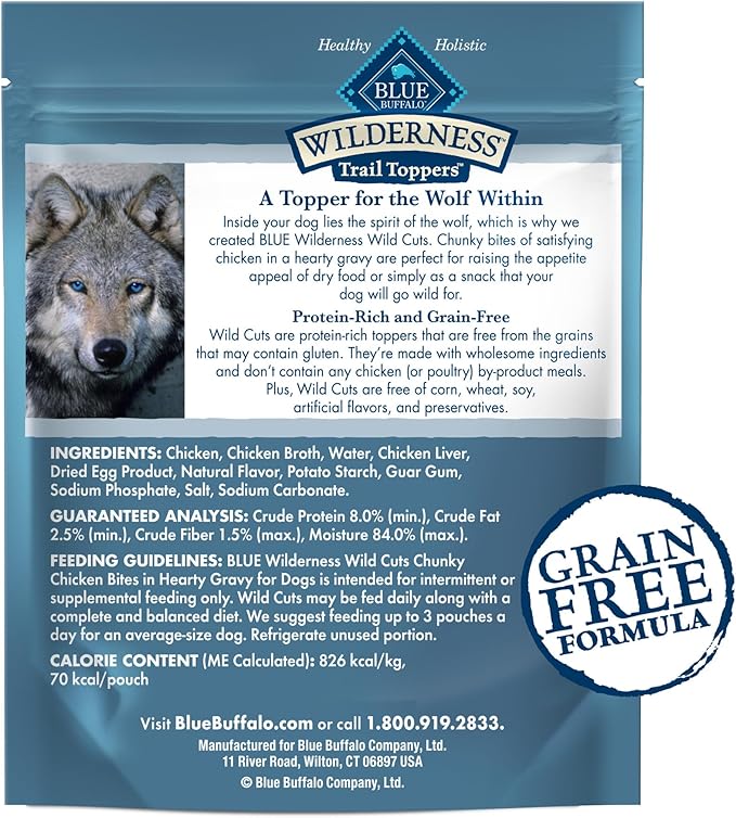 Blue Buffalo Wilderness Trail Toppers Wild Cuts Natural High-Protein Dog Wet Food, Chicken Bites in Hearty Gravy, 3-oz Pouch, 12 Count