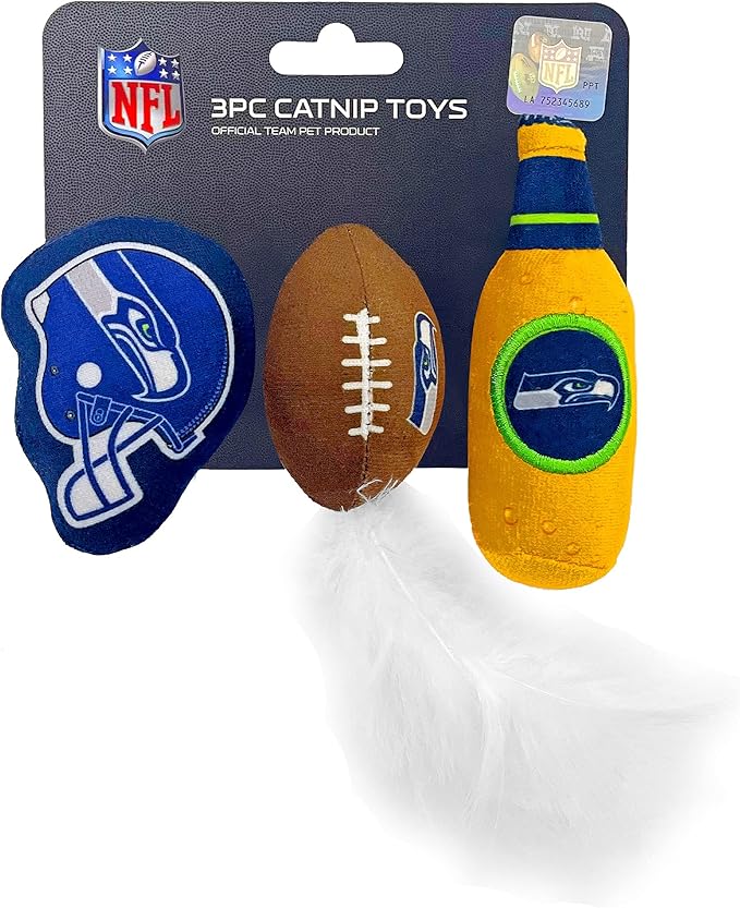 BEST PLUSH CAT TOY - NFL SEATTLE SEAHAWKS Complete Set of 3 piece Cat Toys filled with Fresh Catnip. Includes: 1 Helmet Cat Toy, 1 Football Cat Toy with Feathers & 1 Beer Bottle. Beautiful Team LOGOS