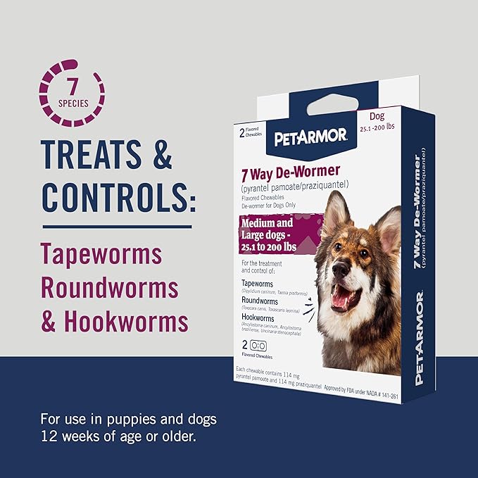 PetArmor 7 Way De-Wormer for Dogs, Oral Treatment for Tapeworm, Roundworm & Hookworm in Large Dogs & Puppies (Over 25 lbs), Worm Remover (Praziquantel & Pyrantel Pamoate), 2 Flavored Chewables