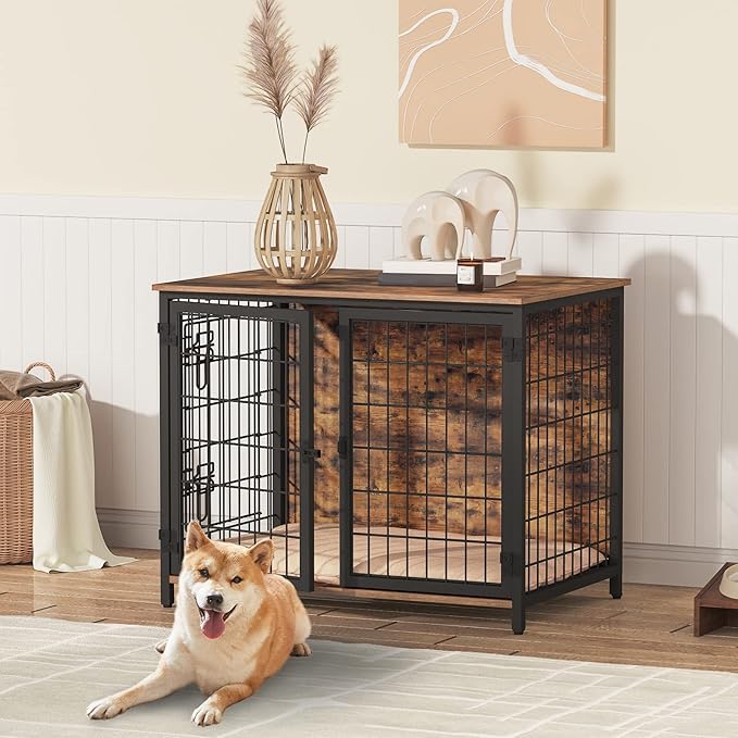 Dog Crate Furniture with Cushion, Wooden Dog Kennel with Double Doors, Heavy Duty Dog Cage for Small/Medium/Large Dogs, Indoor Dog House End Table, 31.5" L, Rustic Brown DCHR0701Z1