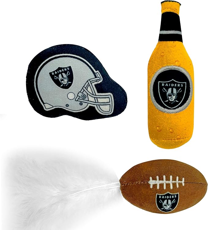 BEST PLUSH CAT TOY - NFL LAS VEGAS RAIDERS Complete Set of 3 piece Cat Toys filled with Fresh Catnip. Includes: 1 Helmet Cat Toy, 1 Football Cat Toy with Feathers & 1 Beer Bottle. Beautiful Team LOGOS