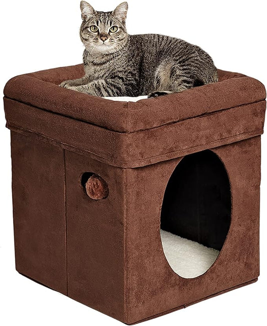 MidWest Homes for Pets 137-BR 'The Original' Curious Cat Cube, Cat House / Cat Condo in Brown Faux Suede & Synthetic Sheepskin