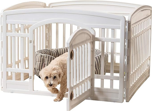 IRIS USA Dog Playpen, 4-Panel 24" Pet Playpen with Door, Puppy Playpen, Indoor/Outdoor Dog Pen, 35 x 35 x 24, Foldable, Customizable, White