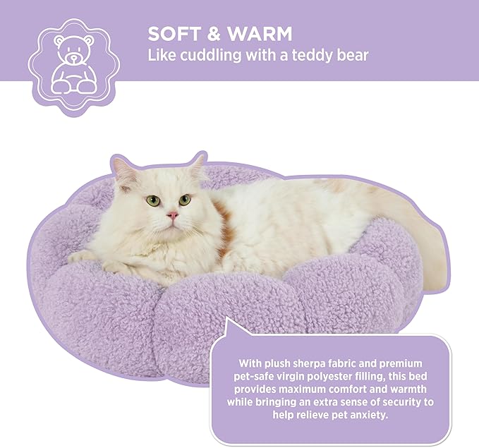 Lesure Calming Cat Beds for Indoor Cats - Cute Flower Pet Beds in Teddy Sherpa Plush, Donut Round Fluffy Puppy Bed, Non-Slip Extra Small Dog Bed Fits up to 15 lbs, Machine Washable, Purple 20"