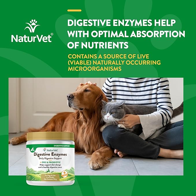 NaturVet – Digestive Enzymes for Dogs - Plus Probiotics & Prebiotics | Helps Support Diet Change & A Healthy Digestive Tract | for Dogs & Cats | 4 oz Powder