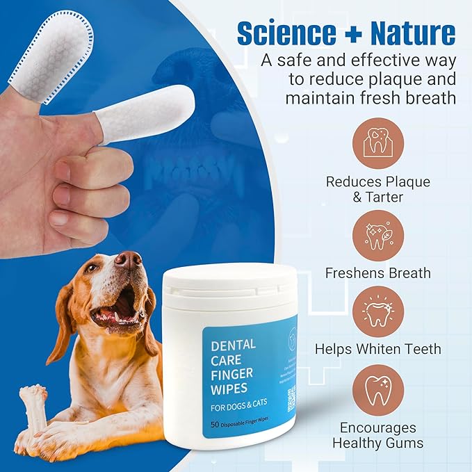 Spanielbuns Dog Dental Wipes for Cats & Dogs Teeth Cleaning - Dog Breath Freshener, Tartar Remover, All Natural Ingredients Dog Dental Care, 50ct Pre-Soaked Finger Toothbrush Wipes, No Hard Toothbrush