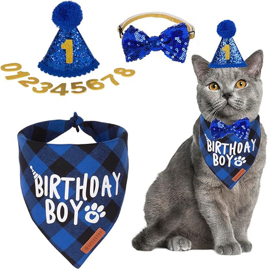 ADOGGYGO Cat Birthday Party Supplies, Birthday Boy Plaid Cat Bandana Cute Cat Bowtie, Cat Birthday Hat with Numbers, Pet Birthday Outfit for Cat Kitten (Blue)