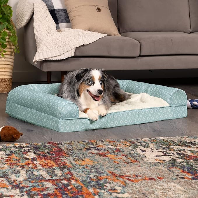 Furhaven Cozy Orthopedic Dog Bed for Large/Medium Dogs w/ Removable Bolsters & Washable Cover, For Dogs Up to 55 lbs - Plush & Diamond Print Nest Top Sofa - Aqua, Large