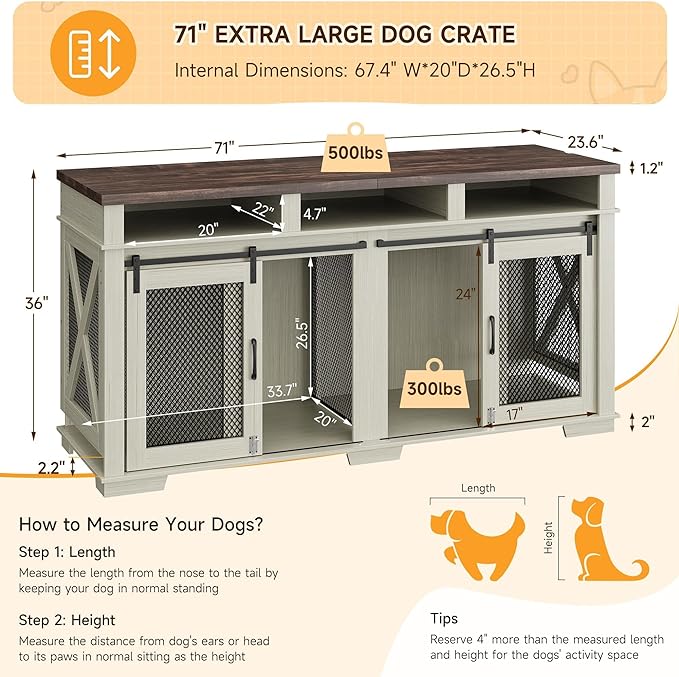 71" Extra Large Dog Crate Furniture, Wooden Double Dog Crates Kennel Cage,Furniture Style TV Stand Side End Table for 2 Dogs with Removable Divider for Large Dogs,3 Storage,White/Dark Oak