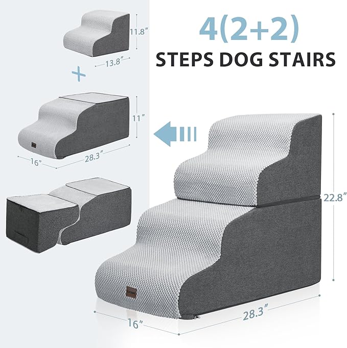 Dog Stairs for High Beds, 4-Step Dog Steps for Small Dogs and Cats, Foldable Pet Stairs for High Bed Climbing, Non-Slip Balanced Pet Step Indoor, Dark Grey