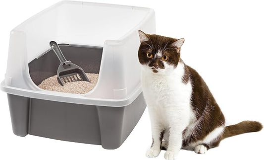 IRIS USA Large Cat Litter Box with Scatter Shield and Scoop, Open Top High Sided Cat Litter Pan, Gray