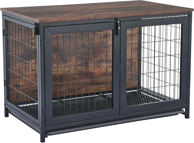 CO-Z 37 Inch Furniture Dog Crate with Wheels, 110 lb Pet Puppy Dogs Indoor Furniture Style Wooden Kennel, Heavy Duty Pet Cage House for Small Medium Large Dogs, Triple-Door Side End Table Dog House