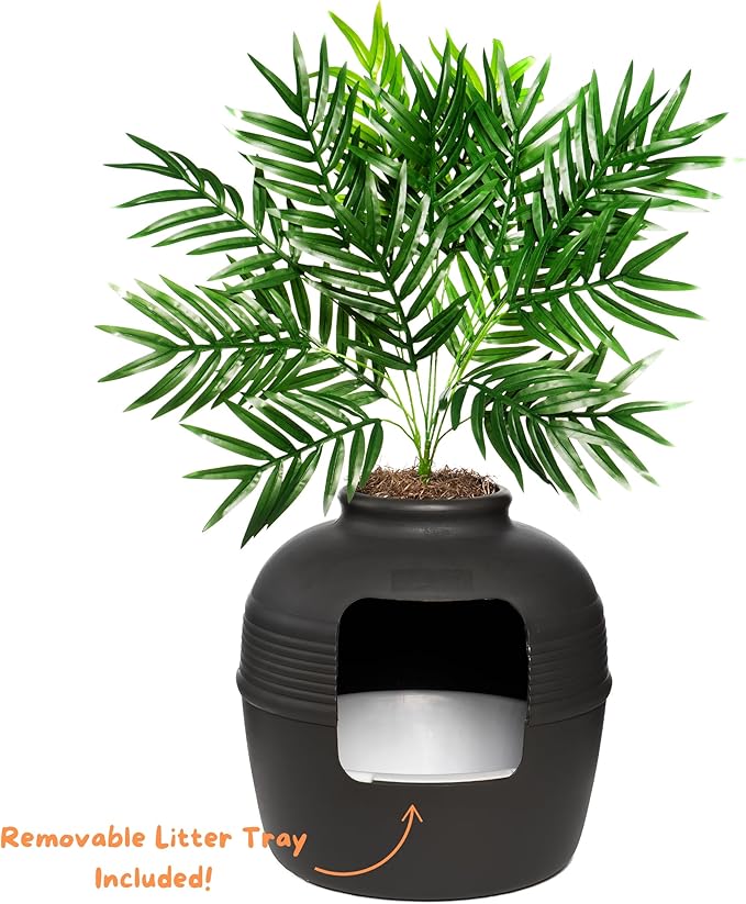 Good Pet Stuff, Original Hidden Litter Box & Reusable Liner Essentials Kit, Round Enclosed Cat Planter Litter Box with Artificial Plants, Vented Carbon Odor Filter System, Easy to Clean, Black Suede