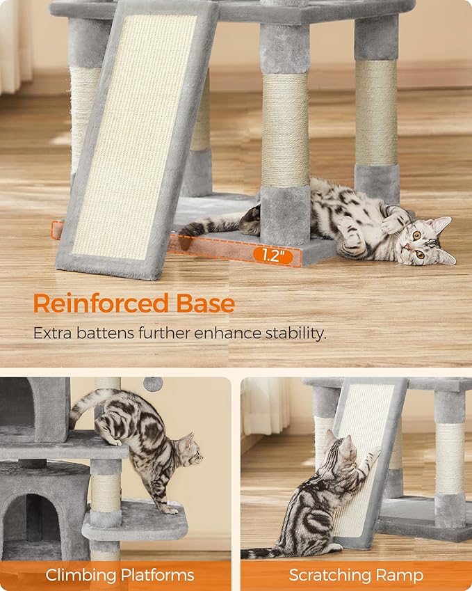 FEANDREA 67-Inch Multi-Level Cat Tree for Large Cats, with Cozy Perches, Stable, Light Gray UPCT18W