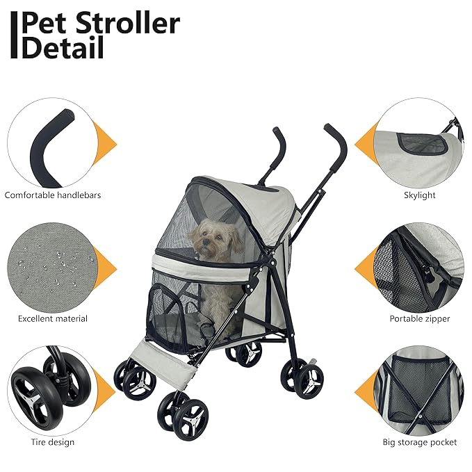 Umbrella shaped Lightweight 4 Wheel Dog Stroller for Medium Small Dogs, Portable Compact Pet Stroller with Breathable Mesh, Perfect for Travel,Jogging,up to 22lbs(Gray)