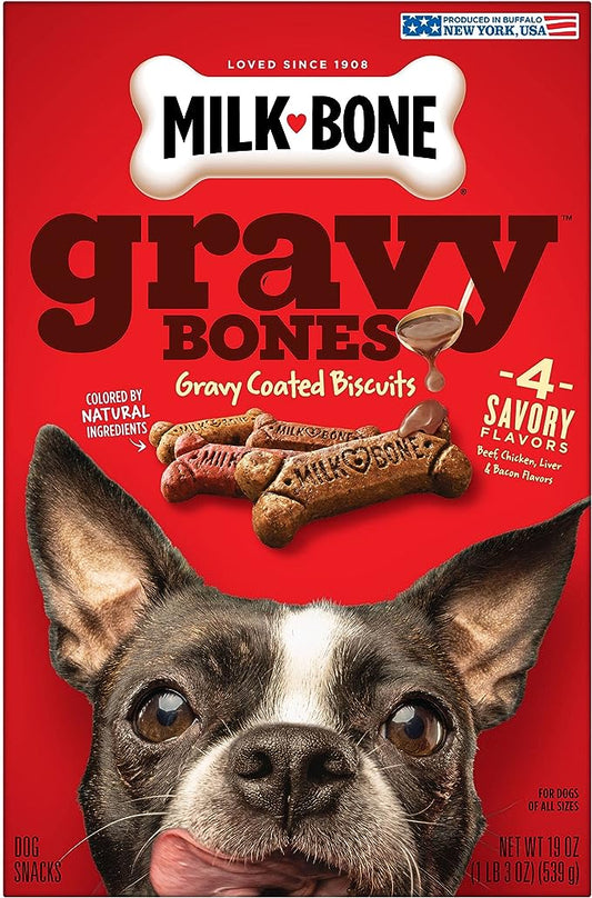 Milk-Bone Gravy Bones Dog Treats with 4 Savory Meat Flavors Coated in Gravy, 19 Ounce (Pack of 12)