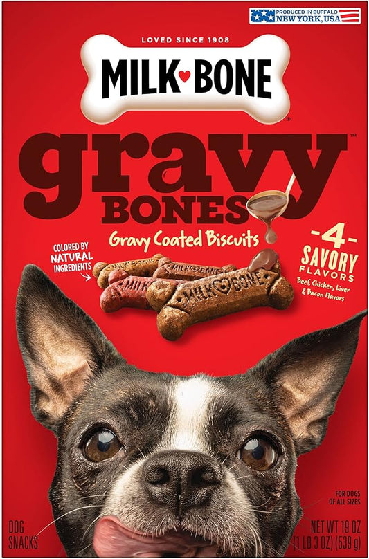 Milk-Bone Gravy Bones Dog Treats with 4 Savory Meat Flavors Coated in Gravy, 19 Ounce (Pack of 12)