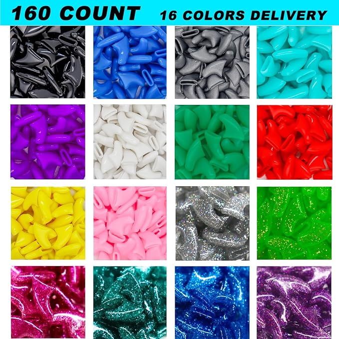 160pcs(16 Colors) Cat Nail Caps Cat Claw Caps Cat Nail Covers with Adhesives and Applicators (Extra Small)