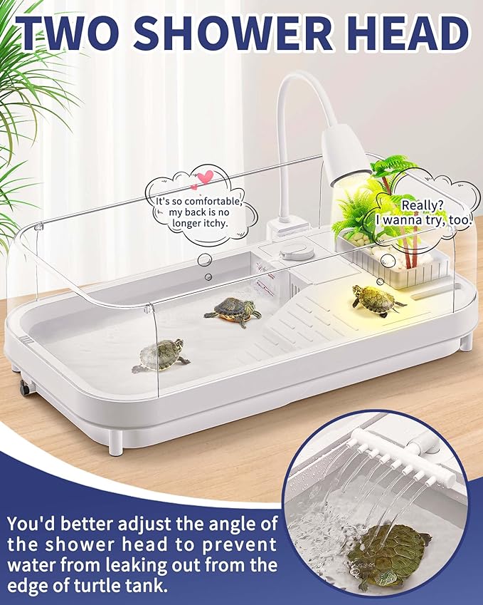 Upgrade Large Turtle Tank Kit(Tank+Light+Filter), Acrylic Turtle Tank Starter Kit with 2pcs Shower Heads, Bask Platform, Bottom Drain, Higher Fences, Multi-Function Area (L-Kit)
